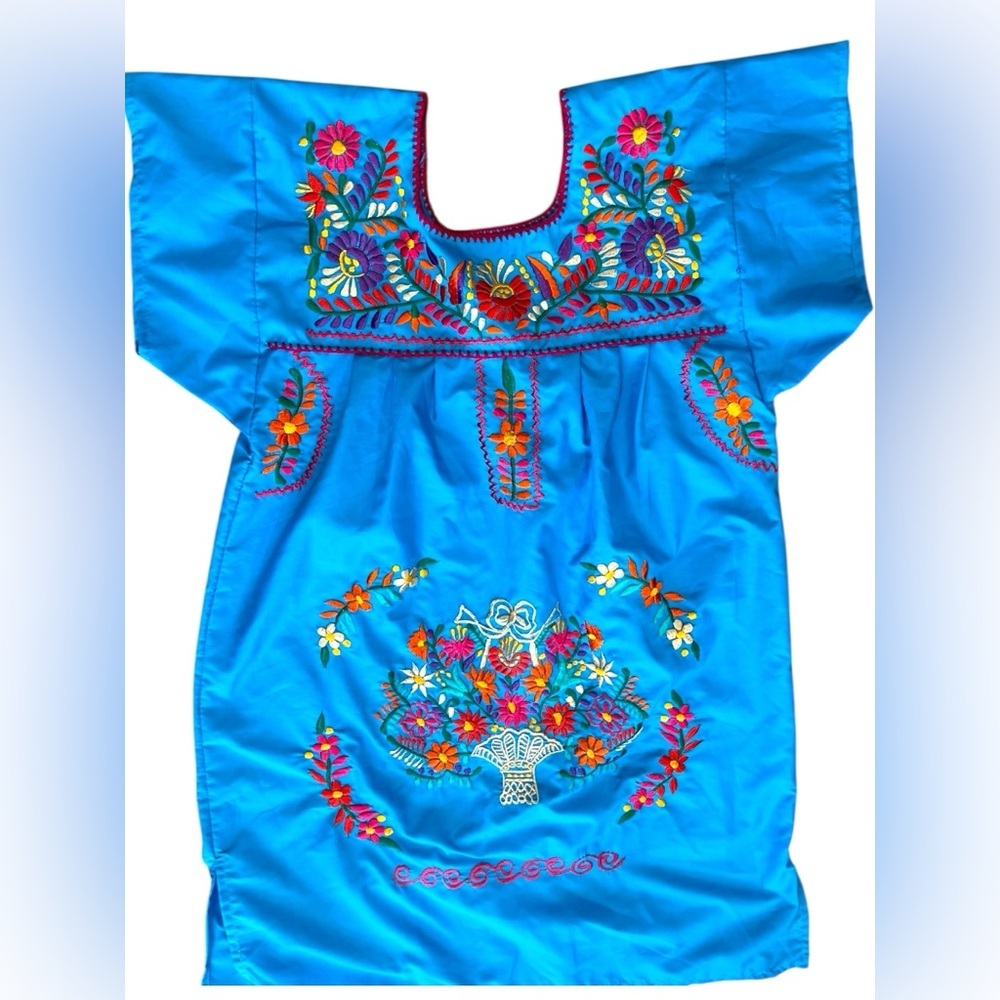 Festive Embroidered Mexican Blue Tunic with Floral Design-SM